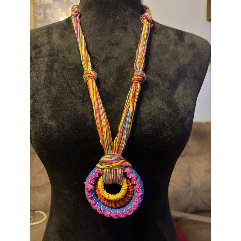 Handcrafted Rainbow Colors Statement Necklace Circular Pendant Boho Hippie Artsy